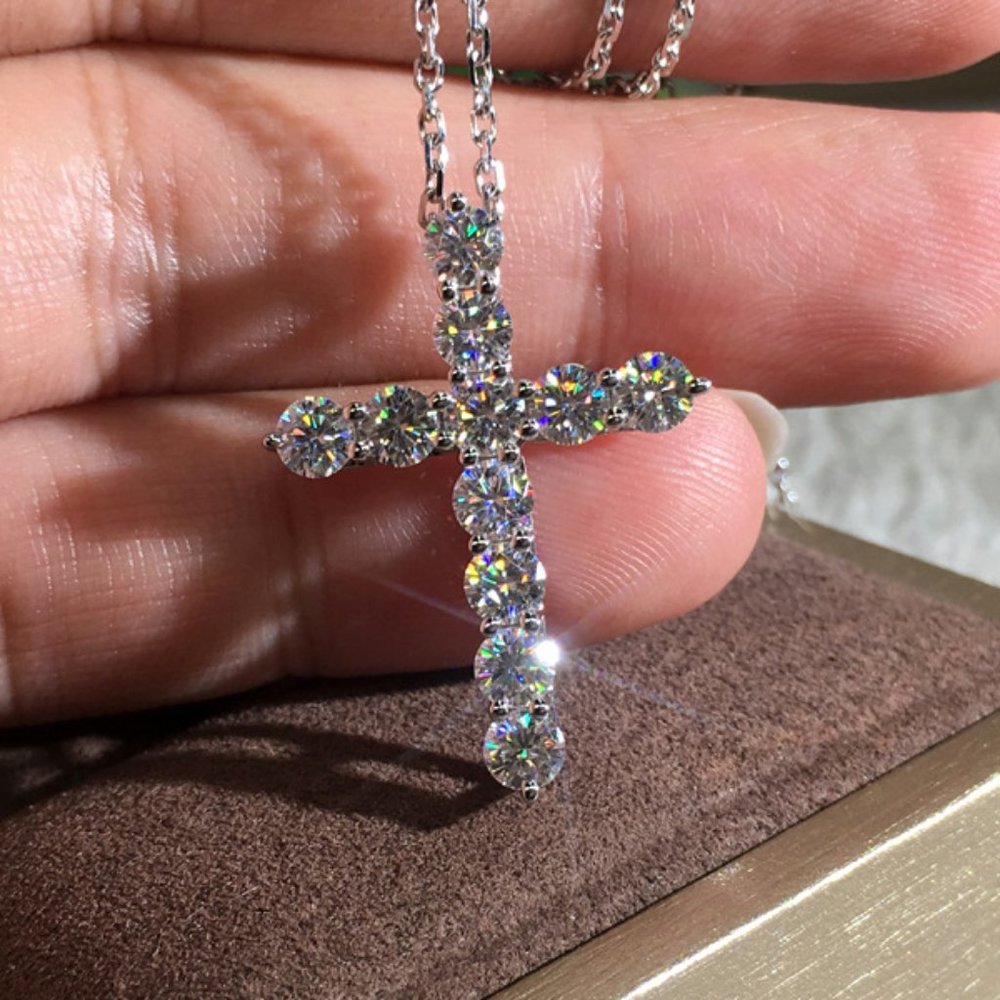 925 Silver Baguette Round Diamond Cross Necklace - Picture 2 of 3